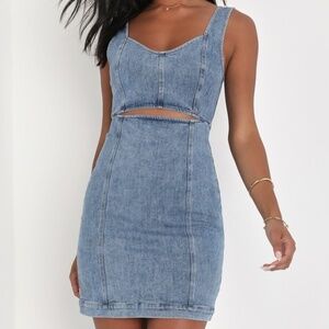 Lulus Charming Edge Light Blue Denim Cutout Mini Dress - Size XL